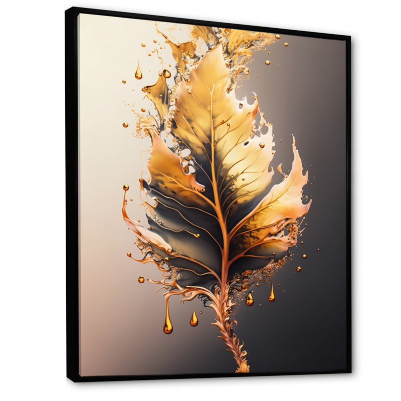 «Gold Abstract Leaves II», impression sur toile, H 32 po x l 16 po x P 1 po, Cadre flottant noir