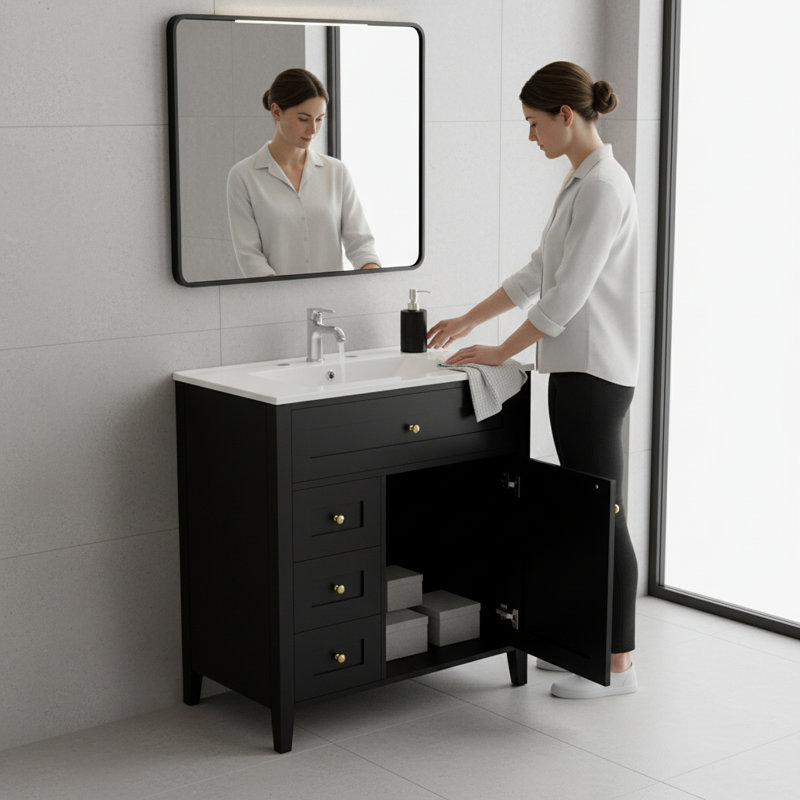 Meuble-lavabo autoportant de 30 po avec lavabo et meuble-lavabo moderne en bois d'hévéa et en bois franc avec 3 tiroirs et une tablette réglable pour beaucoup de rangement et d'organisation