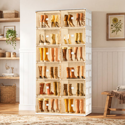 JEKO&JEKO 3-Tier Foldable Boot Storage Cabinet with Magnetic Doors, Double Column Shoe Organizer for Entryway & Closet, White