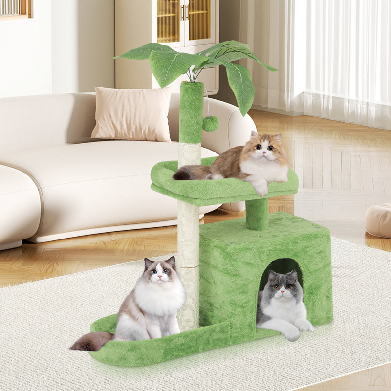 32" Green Cat Tree Tower with Leaf Design and Perch