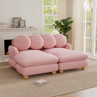 Ensemble canapé modulable 4 places en chenille avec 2 poufs, 4 coussins ronds et pieds en bois massif, rose poudré