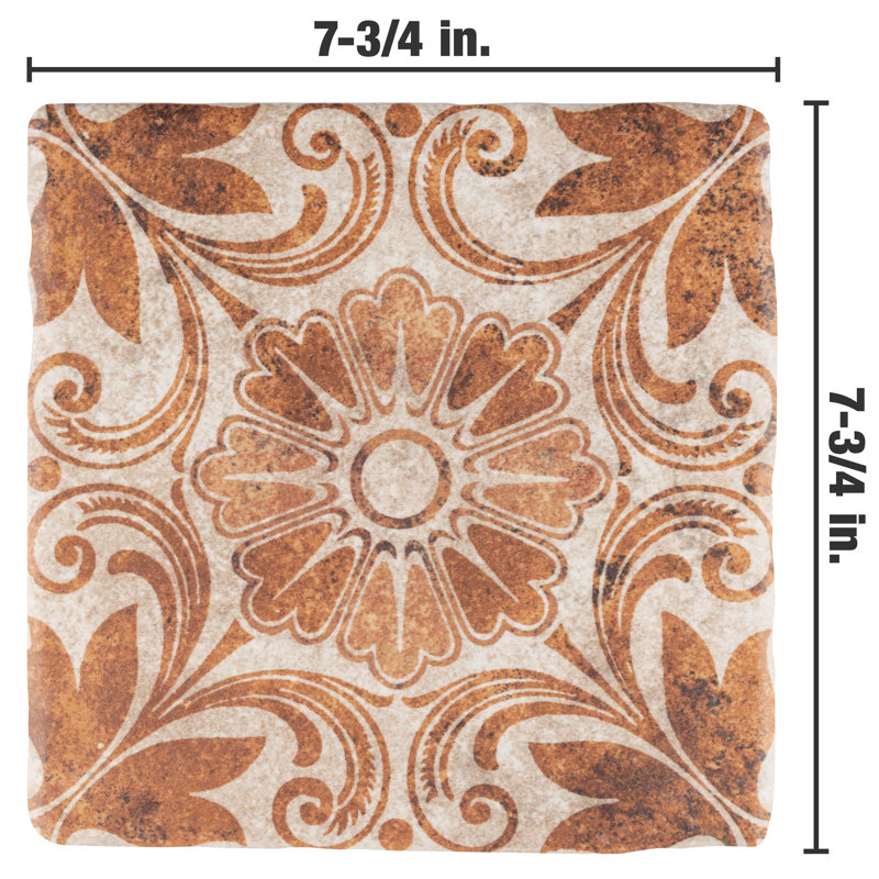Costa 8" x 8" Ceramic Patterned Wall & Floor Tile, Matte Brown