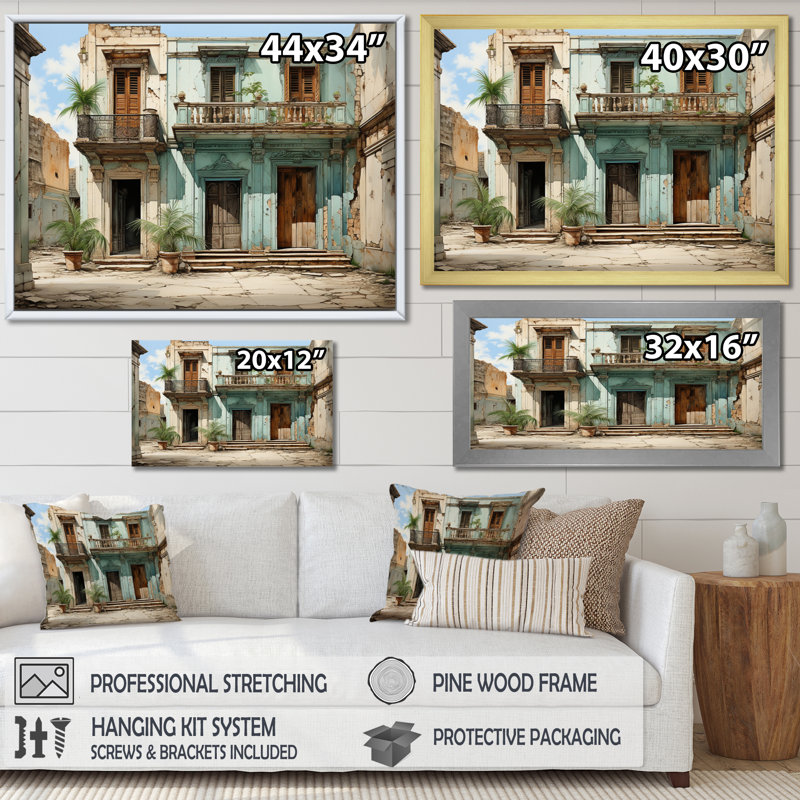 Cuban Architecture Blue House I, reproduction d'art sur toile, H 16 po x l 32 po x P 1 po, Cadre flottant doré