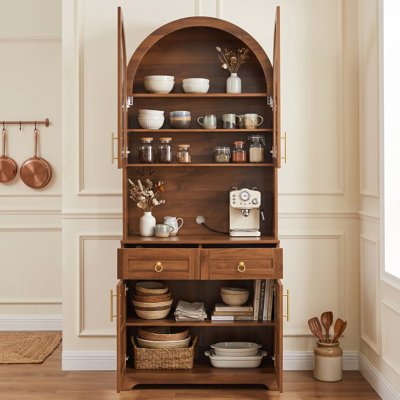 74.8" Arched Kitchen Pantry Cabinet, Farmhouse Cabinet with Power Outlet & LED Light, Kitchen Storage Hutch with 2 Drawers & Adjustable Shelves, Brown