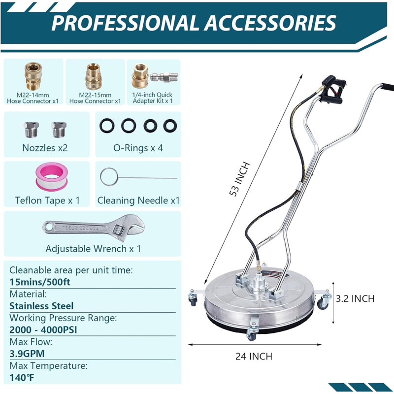 Nettoyeur de surface en acier inoxydable 24 po - 4 000 lb / po², chariot à 4 roues pour terrasses, patios et trottoirs