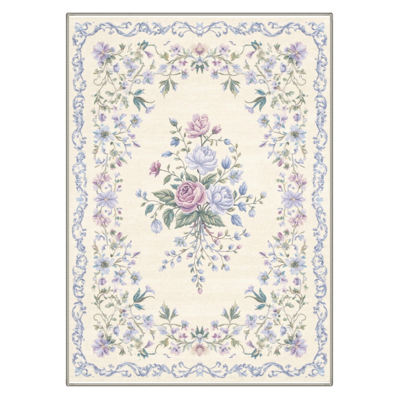 Atascadero Romantic Floral Bordered Rug, Machine Washable, Inspired Faux Wool, Non-Slip Backing, Rectangle 8' x 10'
