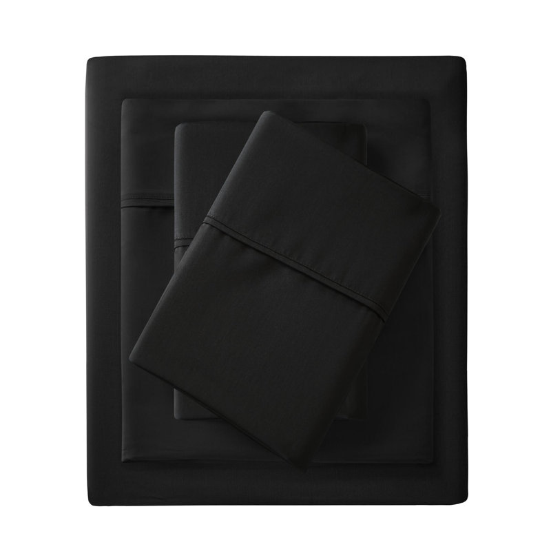 Drap 1500 fils pour très grand - mélange de coton, infroissable, tissé, housse profonde de 18 po, 2 taies d'oreiller, lavable, noir, 4 pièces, lavable à la machine