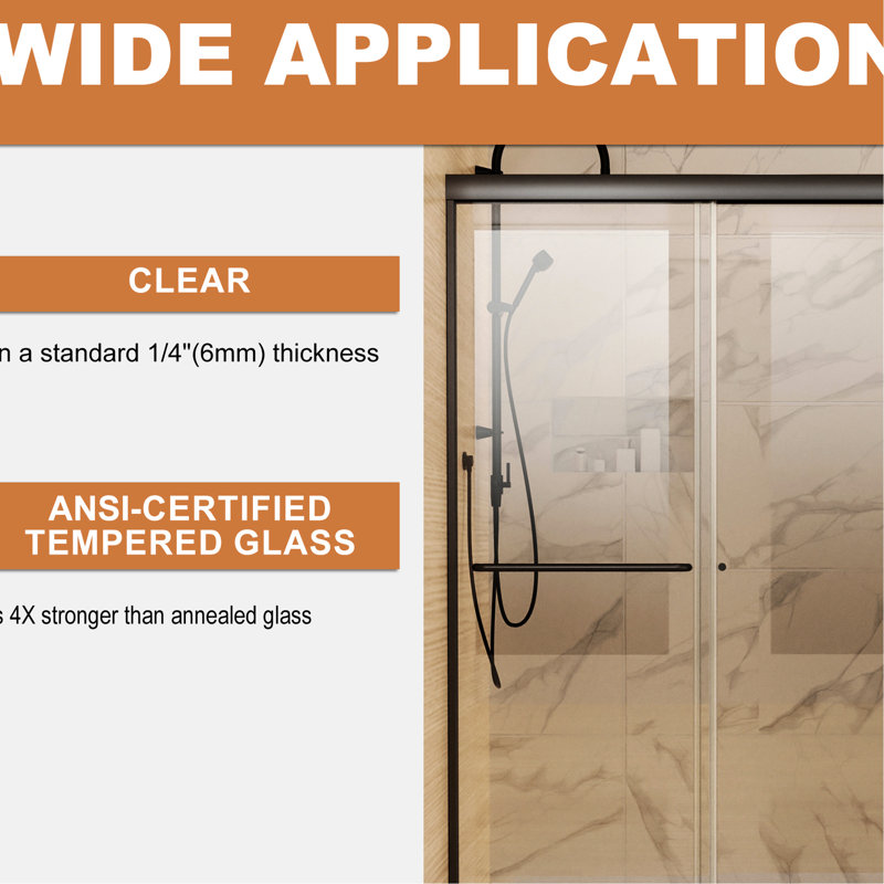 50 - 54" X 72" Shower Door In Matte Black With Stable Construction Materials To Soap Scum Glass