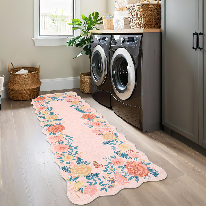 Floral Runner Rug 2x6 Washable Runner Modern Scalloped Runner Pink Runner Hallway Runner with Non Slip Backing, Low Pile Thin Runner, Indoor Foldable Printed Rug for Entryway Bathroom