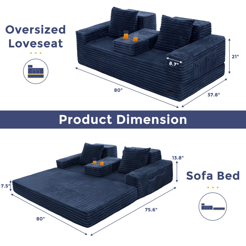Boneless 4 In 1 Convertible Boneless Couch, Navy, 21" H x 80" W x 37.8" D 