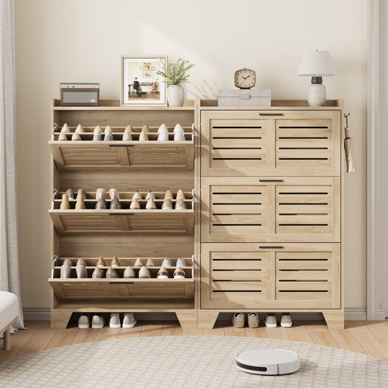 Shoe Storage Cabinet with 3 Flip Drawers, Slim Freestanding Entryway Organizer with 2 Side Hooks, Farmhouse-Style Hidden Shoe Rack