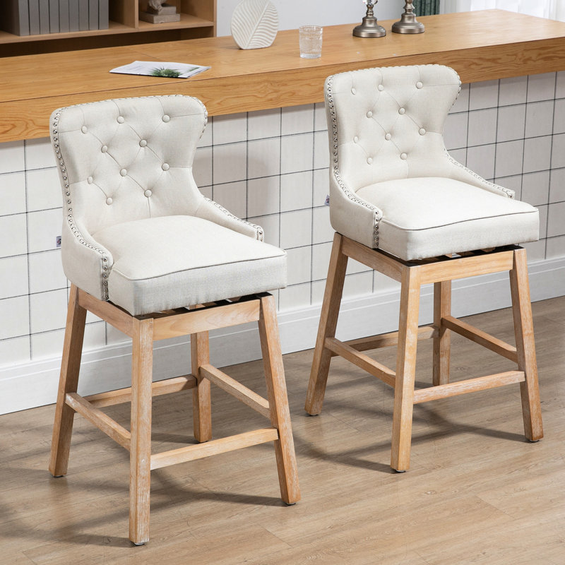 2 tabourets de bar rembourrés, couleur crème, siège d'une hauteur de 30 po, pivotant à 180 °, pieds en bois d'hévéa, tabourets de 2 chaises de hauteur, rembourrés et