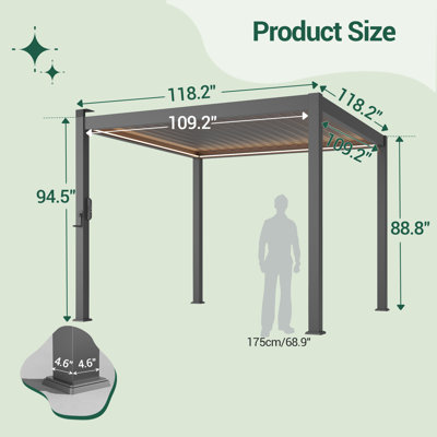 Aluminum Frame Solar LED Patio Pergola with Adjustable Louvered Roof