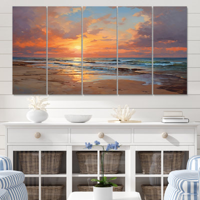 Coucher de soleil, tranquillité, plage vibrante, ciel II, reproduction d'art sur toile, 5 panneaux égaux