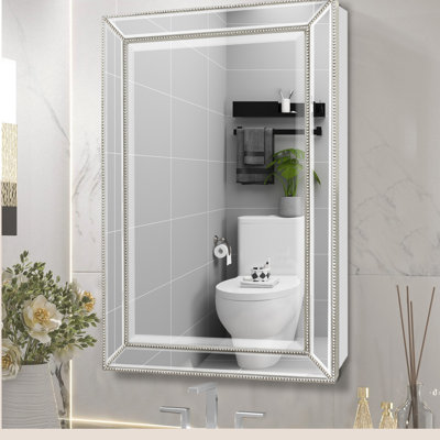 Nahin 20 x 32 Inches Beaded Retro Medicine Cabinet, Surface or Recessed Mount Bathroom Cabinet with 3 Removable Shelves,Space-Saving Organizer for Bathroom Toiletries(Silver)