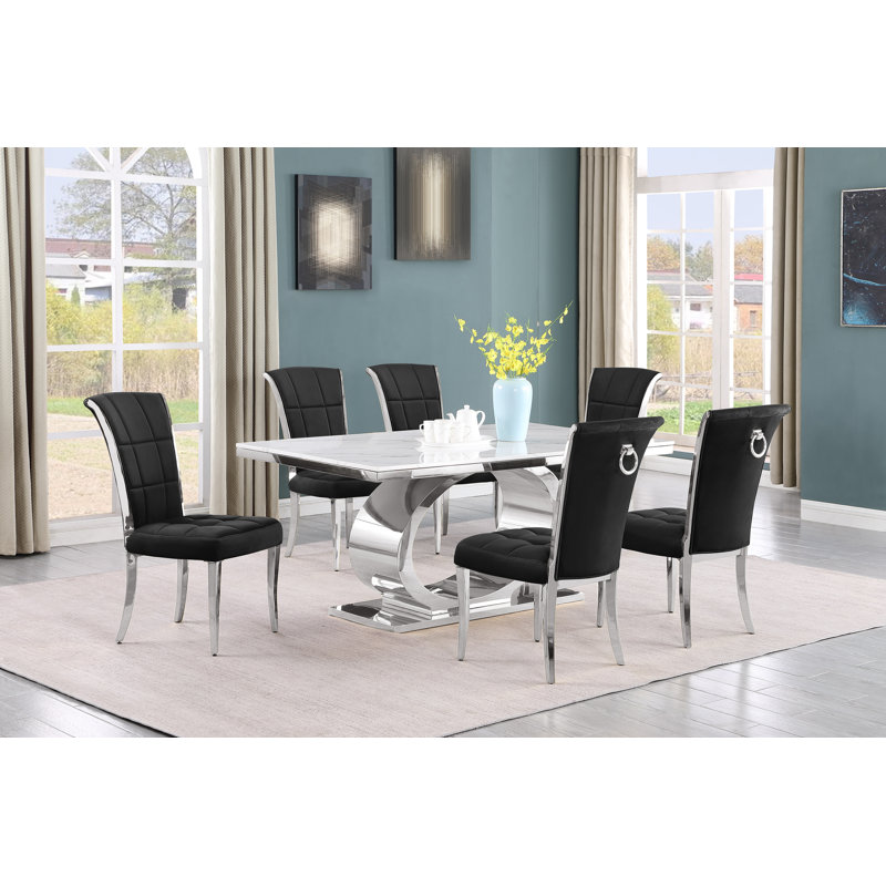 Bannister Marble Top Pedestal Dining Set, Black/Silver, 7, Silver
