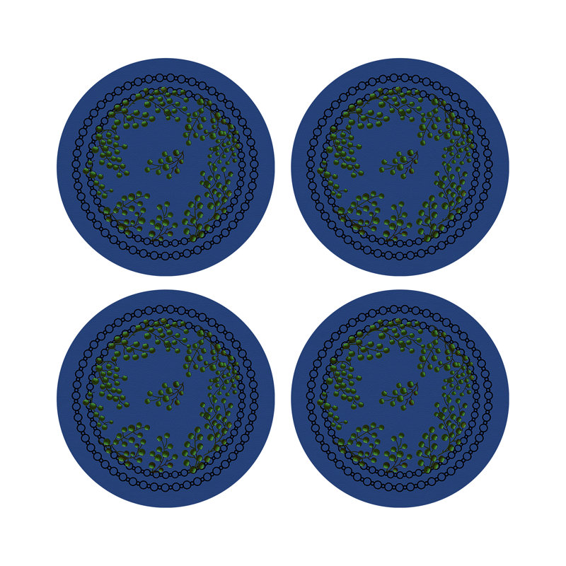 Christmas Berries Vegan Leather Round Pebble Placemat, Green Blue