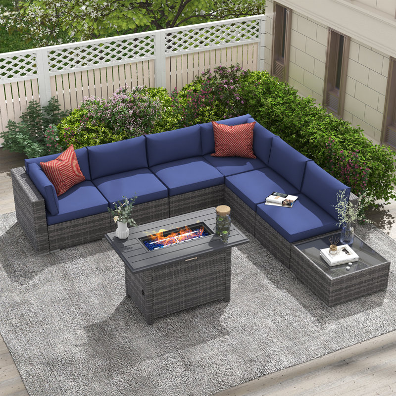 Ensemble de conversation d'extérieur pour 6 personnes avec coussins Caydin, Structure grise / coussin bleu marine