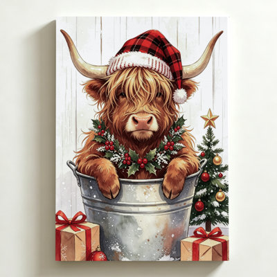 Highland Cow in a Bucket Watercolor Christmas Canvas Wall Art, 16" x 24" Gallery Wrapped Canvas Print, Brown & Green Playful Holiday Wall Decor for Living Room, Kitchen & Entryway