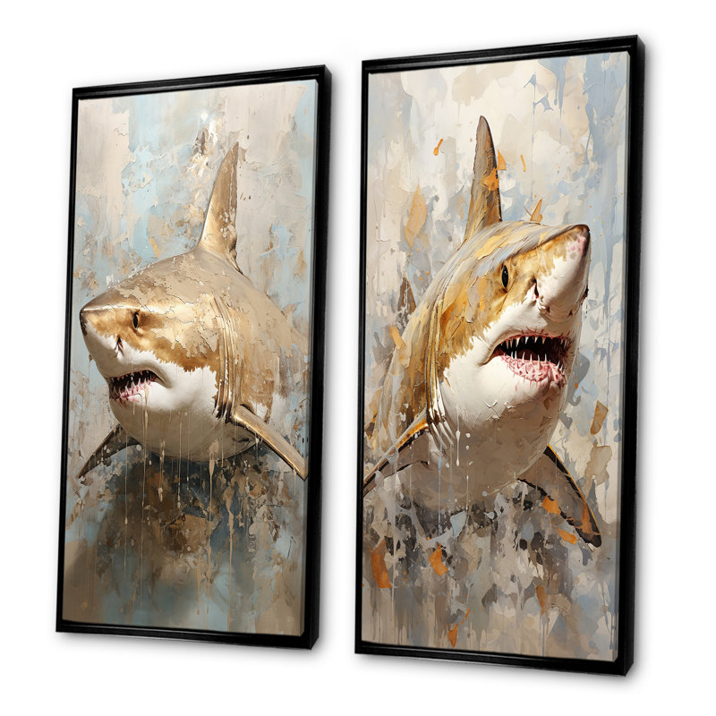 Minimalism Shark Painting In Golden Beige - Shark Wall Art Living Room Set Of 2, 40" H x 41" W, Black Framed