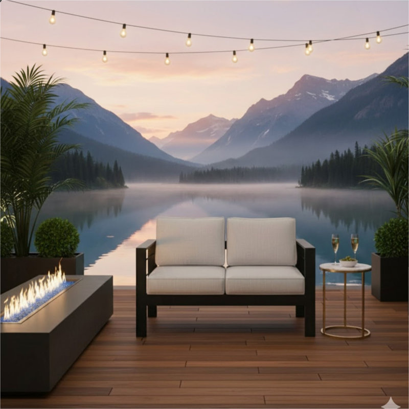50" All-Weather Aluminum Patio Loveseat with Cushions & Frame, Gray, Black