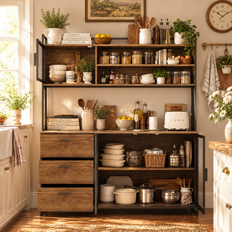 59" Wide Kitchen Pantry Cabinet with 3 Drawers and Open Shelves, Brown/Black
