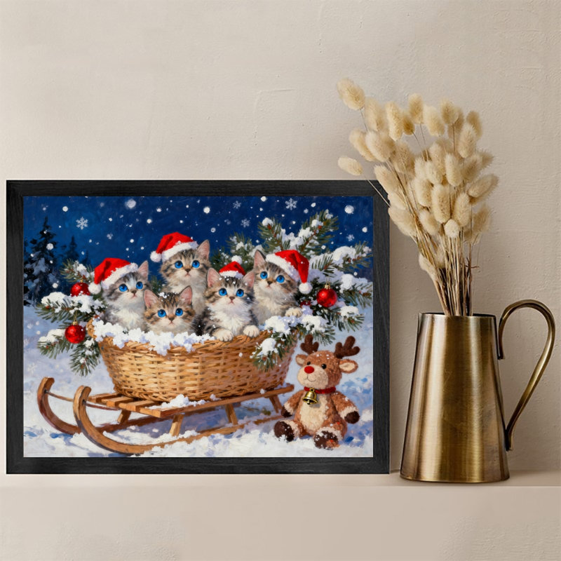«Merry Christmas», art mural rétro noir, cinq chats de Noël, impressions de style rétro, H 13 po x l 17 po