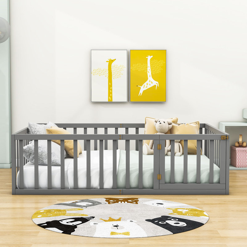 Lit plateforme en bois Hajer avec clôture et porte, Double, gris