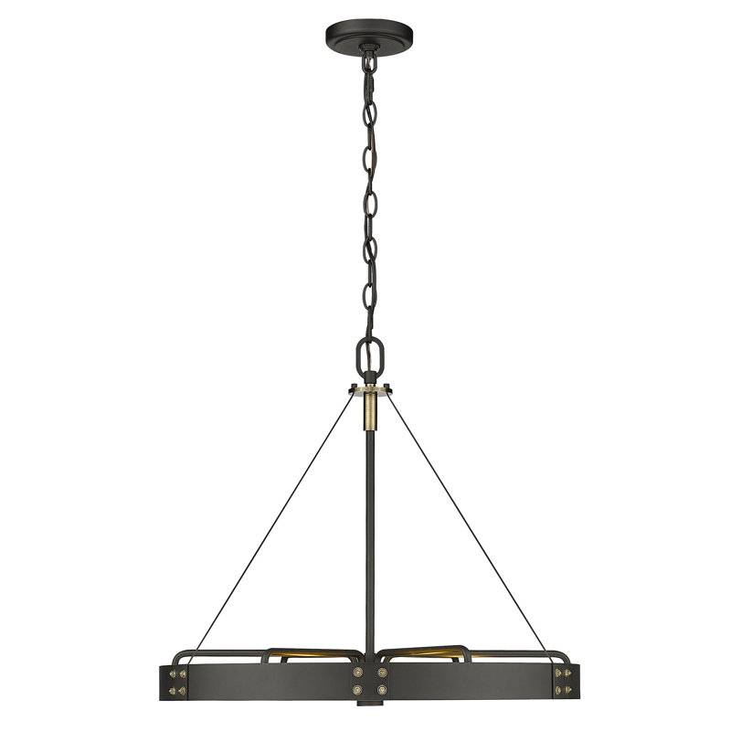 Aged Brass and Black 6-Light Wagon Wheel Pendant
