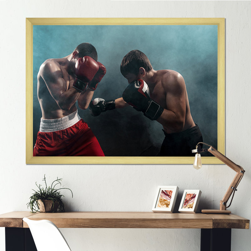 Deux boxeurs professionnels sur toile, Cadre doré simple, H 24 po x l 32 po x P 1 po