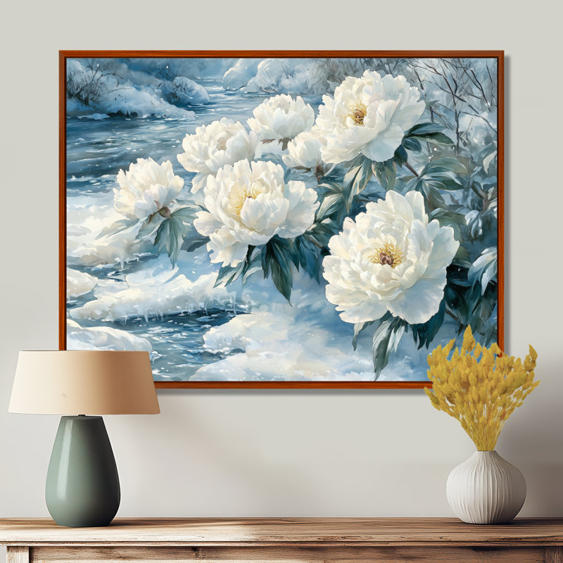 Loftin Winter Pivoines par la glace, rivière couverte II - pivoines, art mural large, Brun, Impression encadrée flottante
