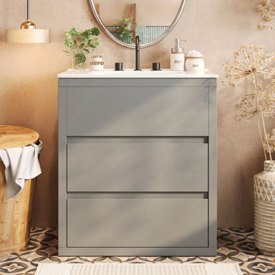 Meuble-lavabo 30 po avec lavabo en céramique et 2 tiroirs pleine extension, meuble-lavabo autoportant avec poignée libre à 45 °, glissières de tiroir à fermeture en douceur