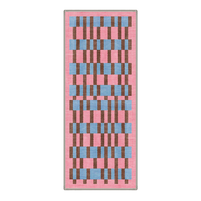 Abrahamson Canvas Geometric Machine Washable Blue / Pink Indoor Area Rug with Non-Slip Backing, Runner 2'6" x 8'