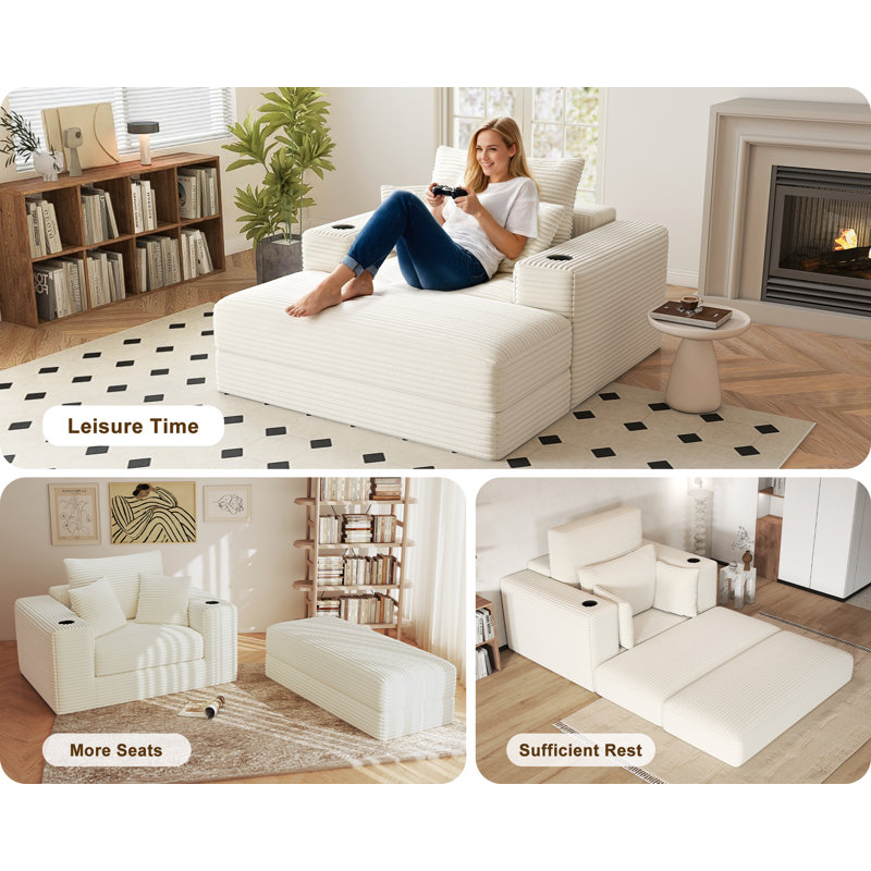 62" Big Compression Upholstered Chaise Lounge Cloud Boneless Sofa Bed Corduroy Bean Bag Chair with Ottoman, Beige Corduroy
