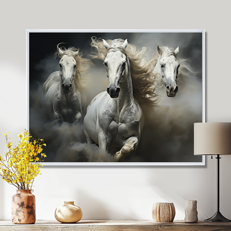 «White Beige Horse Equine Harmony», reproduction d'art sur toile encadrée, H 34 po x l 44 po x P 1,5 po, Cadre flottant blanc