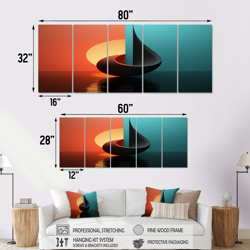 Coucher de soleil minimalisme bleu rouge horizon - ensemble d'art mural géométrique 5 pièces, H 28 po x l 60 po