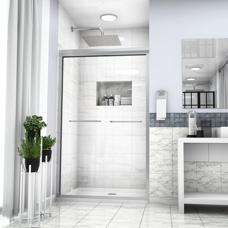 Cabine de douche l 48 po x H 76 po, coulissante semi-by-pass, nickel brossé, verre trempé, porte de salle de bain H élégante, projet de revitalisation transparent