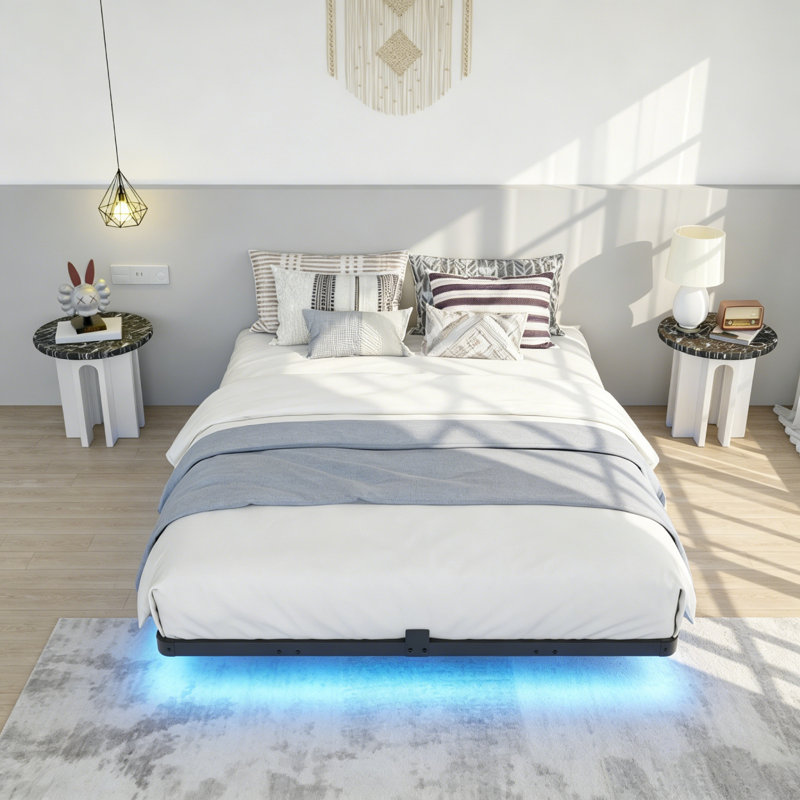 LED Floating Bed Frame No Box Spring Needed, Queen