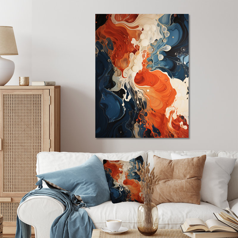 Encre liquide bleue et orange VI - Art mural abstrait en métal, H 40 po x l 30 po x P 1,5 po
