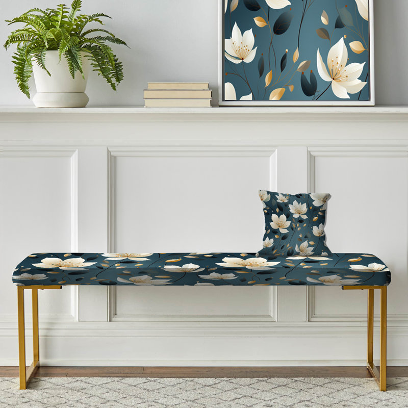 Teal & Ivory Elegant Floral Pattern - Floral Upholstered Gold Bench
