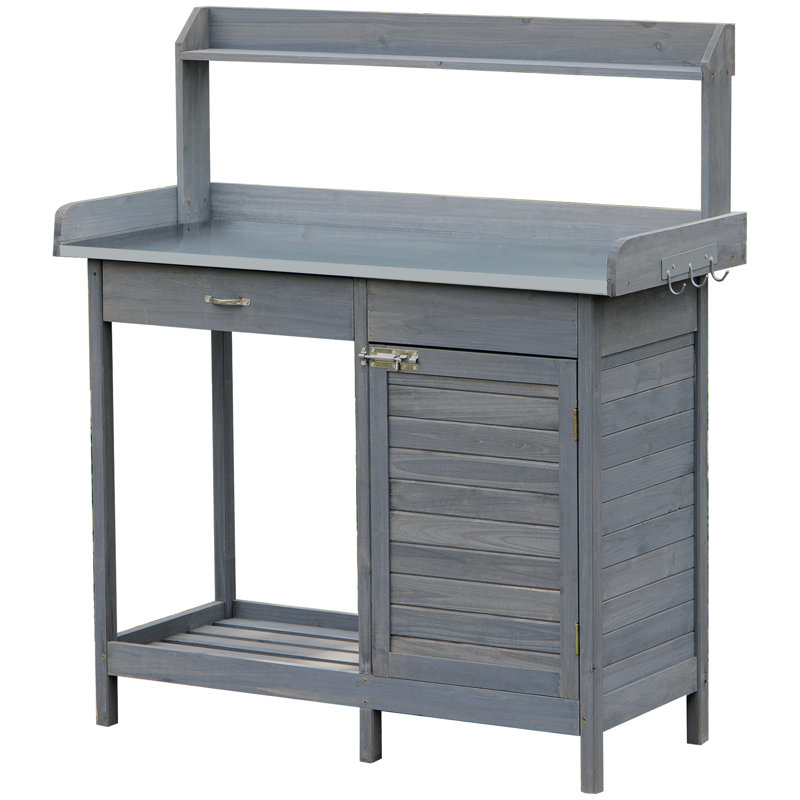 Banc de rempotage extérieur, poste de travail de jardin gris avec tablette ouverte, table en acier galvanisé, armoire de rangement, plateau pour plantes