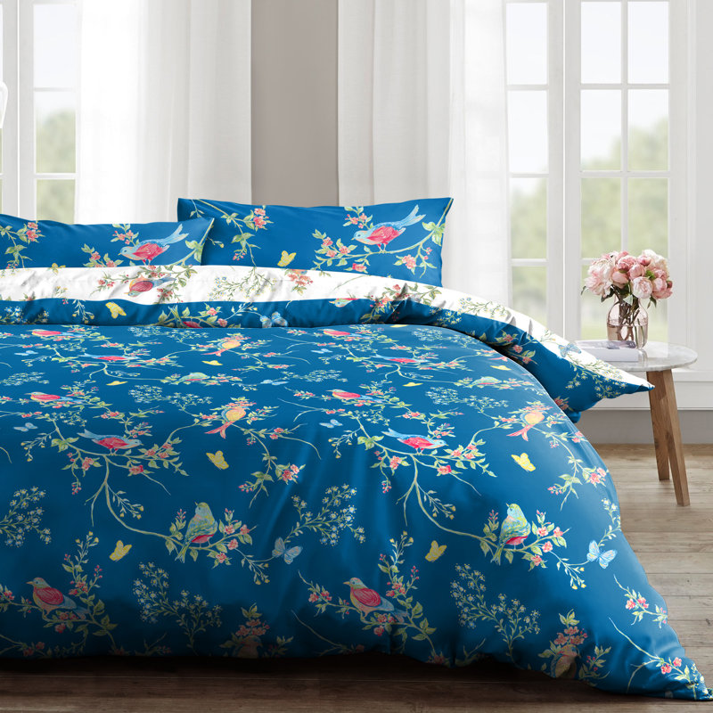Rasheema Duvet Set, Super King - 3 Standard Pillowcases, Delicate Birds Floral, Navy/White