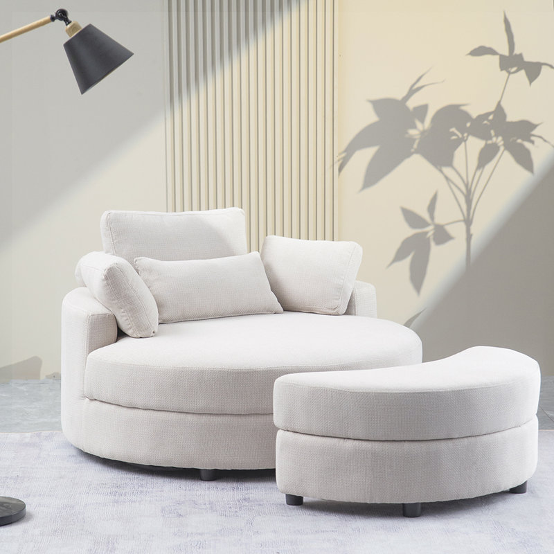 Danieal Upholstered Barrel Chair with Ottoman, Beige Linen
