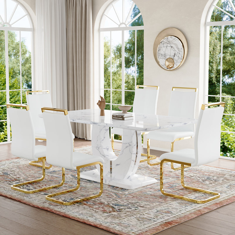 Ensemble de table de salle à manger, Blanc / doré, Marbre blanc, 7 pièces