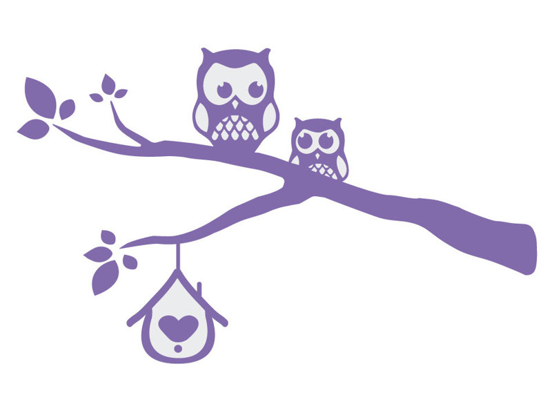 Décalcomanie murale owls sur une branche, H 39 po x l 65 po x P 0,01 po, Lavande