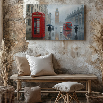 London Rain Scene Red Bus Phone Booth Big Ben UK Cityscape Canvas Wall Art Print For Living Room, Bedroom, Office, Hallway, Entryway, Gallery Wall And Modern Home Decor