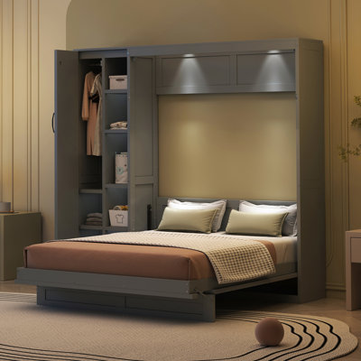 Murphy Bed with Shelves, Wardrobe, and LED Lights, Ideal for Space-Saving in Multi-Use Rooms by Hokku Designs