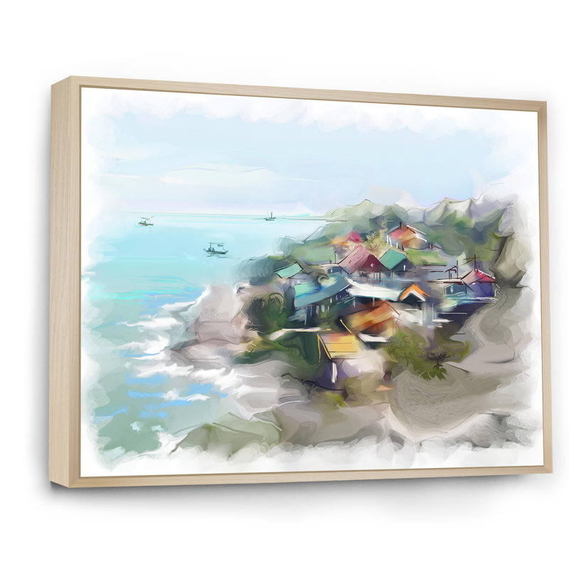 Maison de rêve par le paysage marin - peinture sur toile, H 34 po x l 44 po, Toile avec cadre en érable