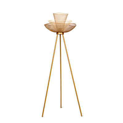 Lampe sur pied Mallawa Boho - abat-jour en métal fleur de lotus, finition dorée, trépied pour salon