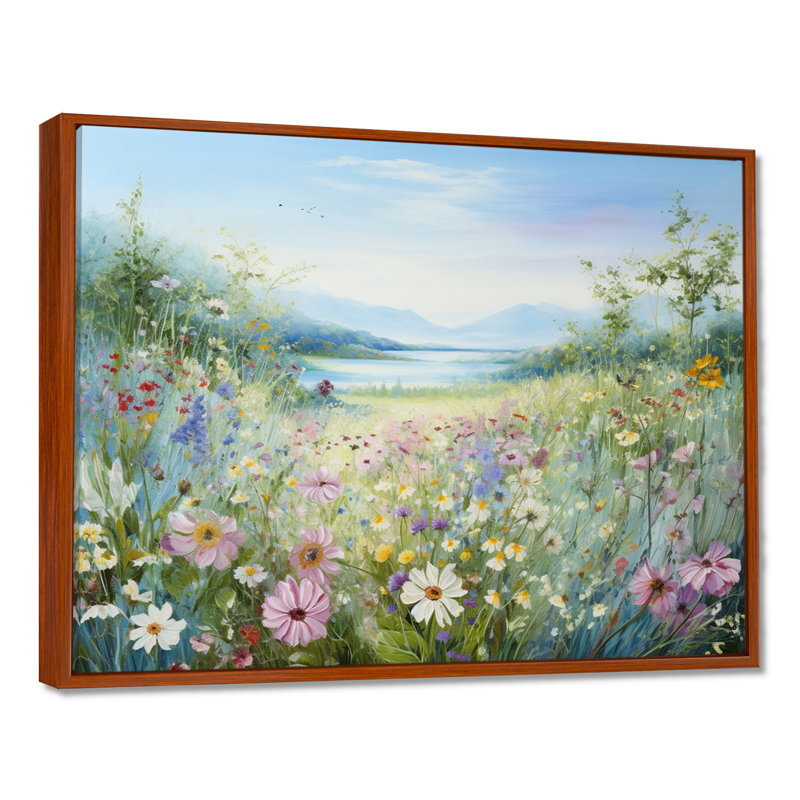 Simplity Wreath Green Flower Field - Art mural grand champ de fleurs, H 24 po x l 32 po x P 1 po, Cadre flottant brun